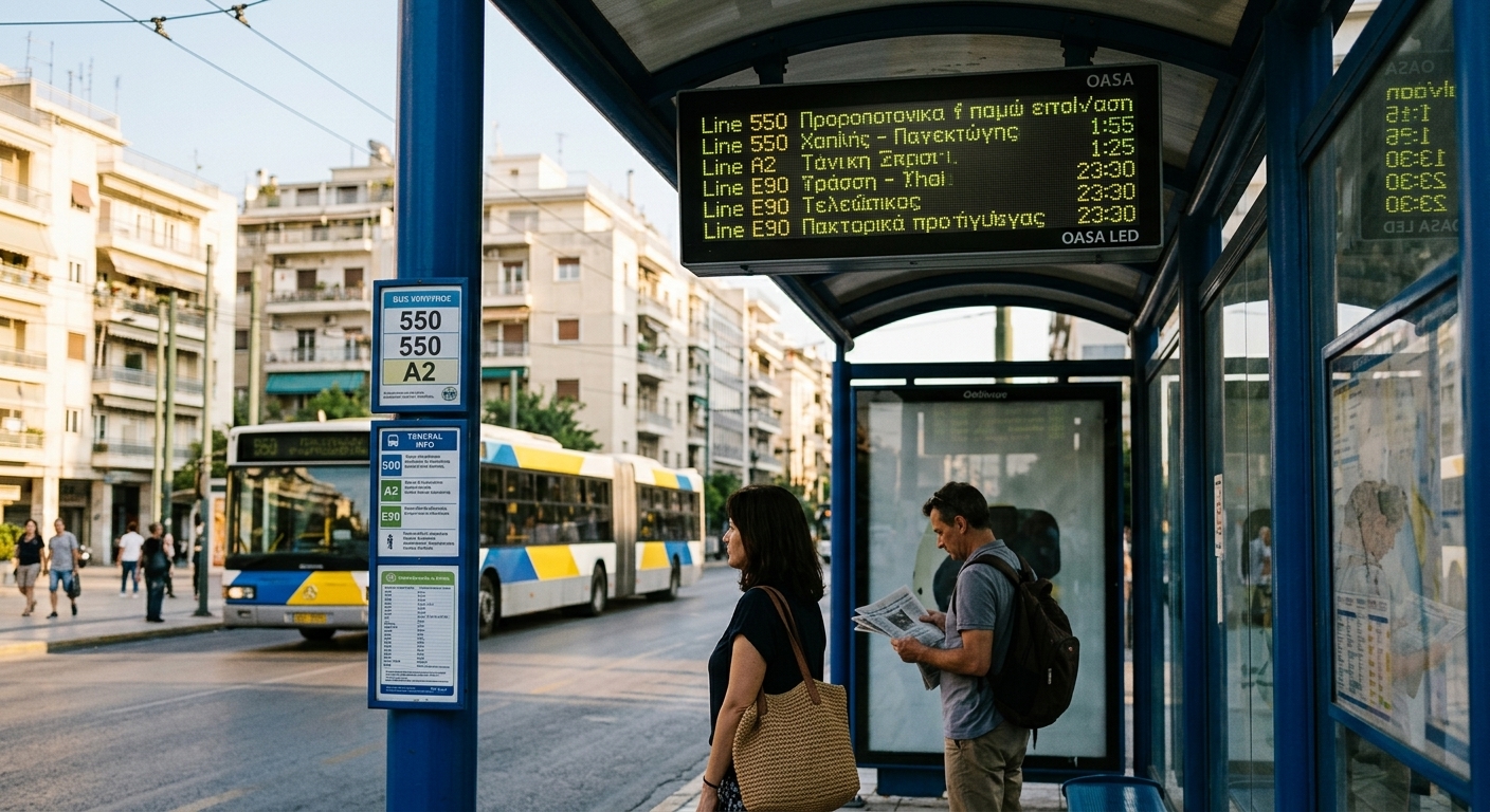 Οθόνη τηλεματικής ΟΑΣΑ σε στάση λεωφορείου μετά την αποκατάσταση από κυβερνοεπίθεση.