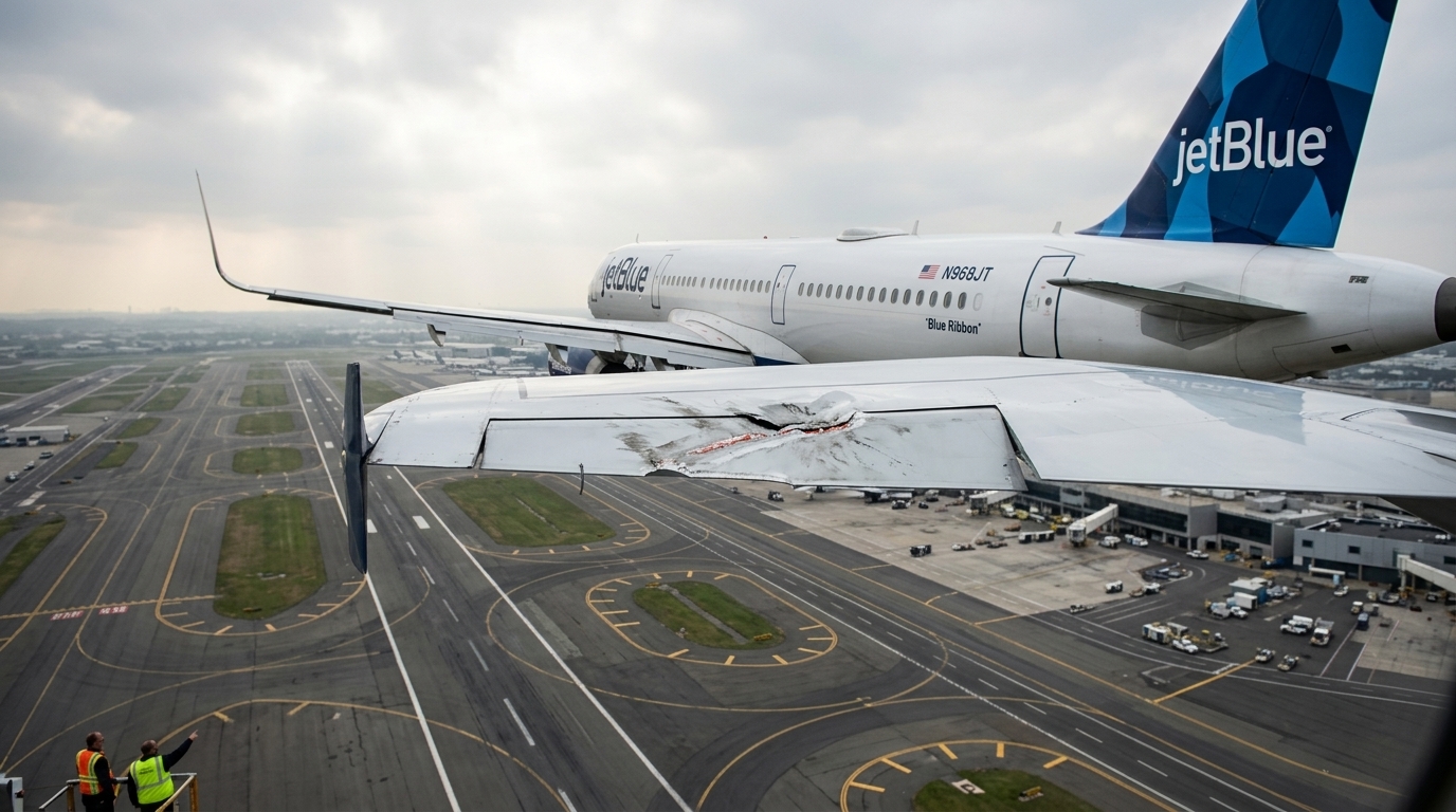 JetBlue aircraft at JFK airport highlighting aviation safety concerns regarding drone collisions.