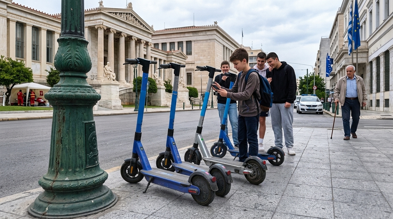 Χρήστης που οδηγεί ηλεκτρικά πατίνια σε πόλη, αναδεικνύοντας την ανάγκη για οδική ασφάλεια.