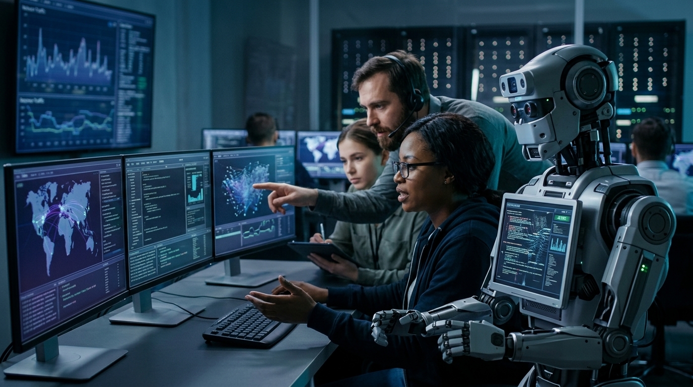 Digital illustration of a hacker using artificial intelligence for cyberattacks.