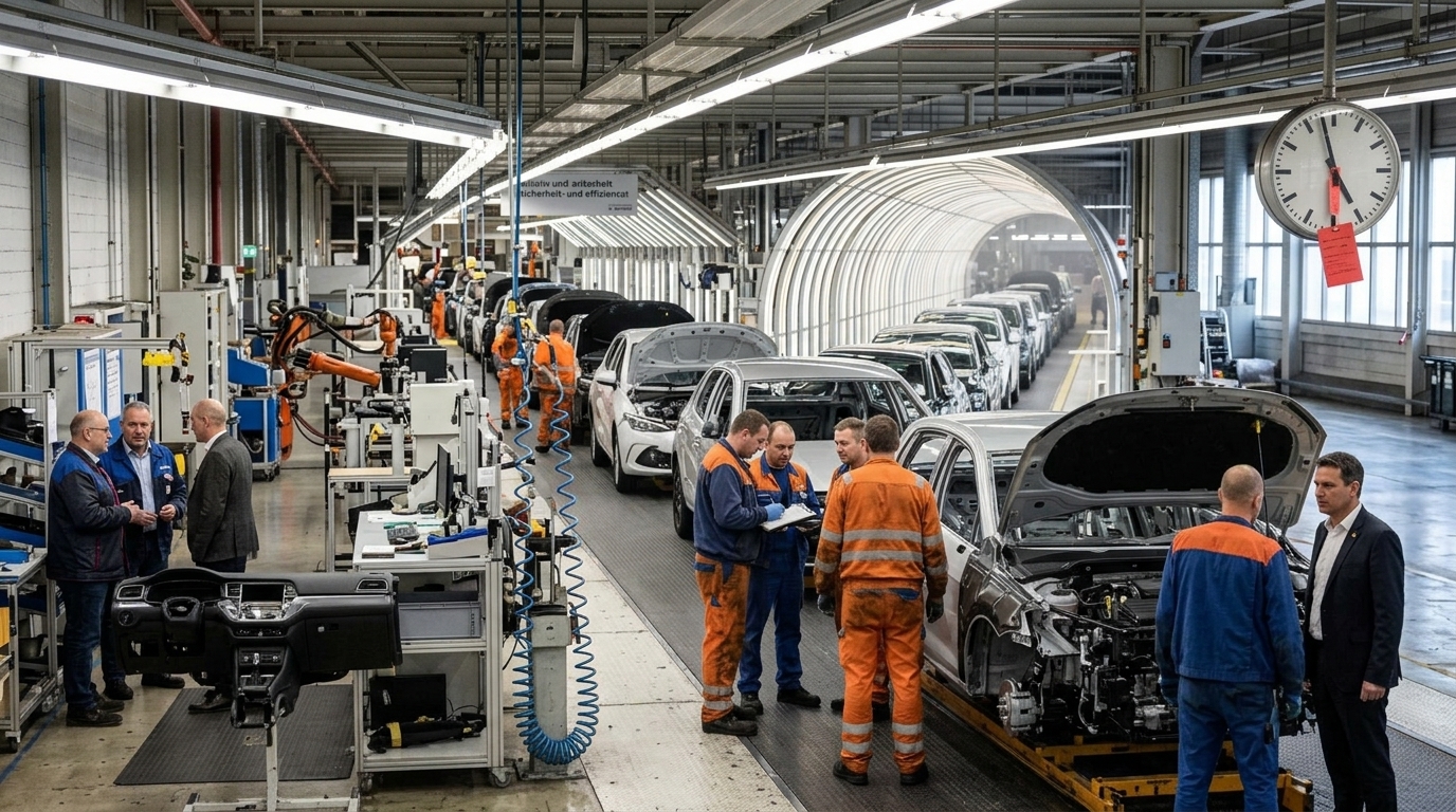 Modern assembly line in a European car factory during production.