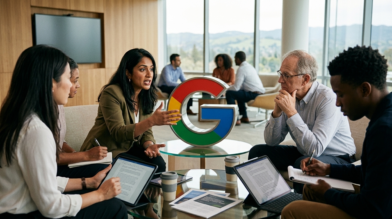 Google logo on a digital background symbolizing AI governance and technology policy.