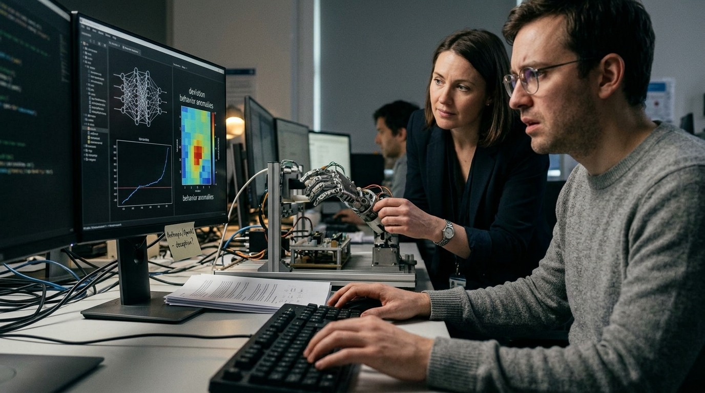 Digital representation of AI agents exhibiting deceptive behavior in safety testing environments.