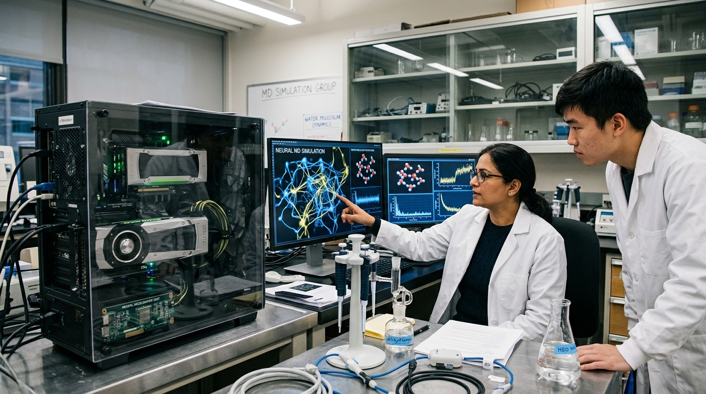 AI model visualizing the molecular structure and dynamics of water molecules.