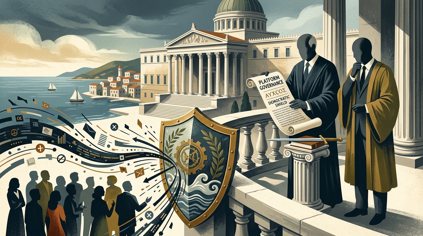 Digital illustration of platform governance and the protection of democratic rights within the EU.