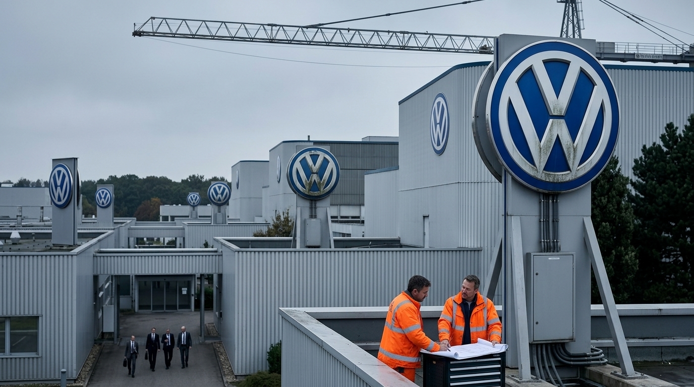The Volkswagen logo displayed at a German automotive manufacturing plant.