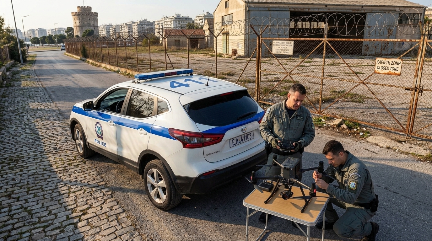 Thermal drone flying over a military base in Thessaloniki for espionage purposes.