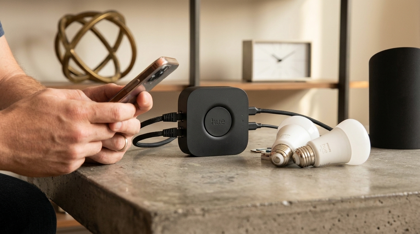 The Philips Hue Bridge Pro device supporting SpatialAware technology for smart home lighting.