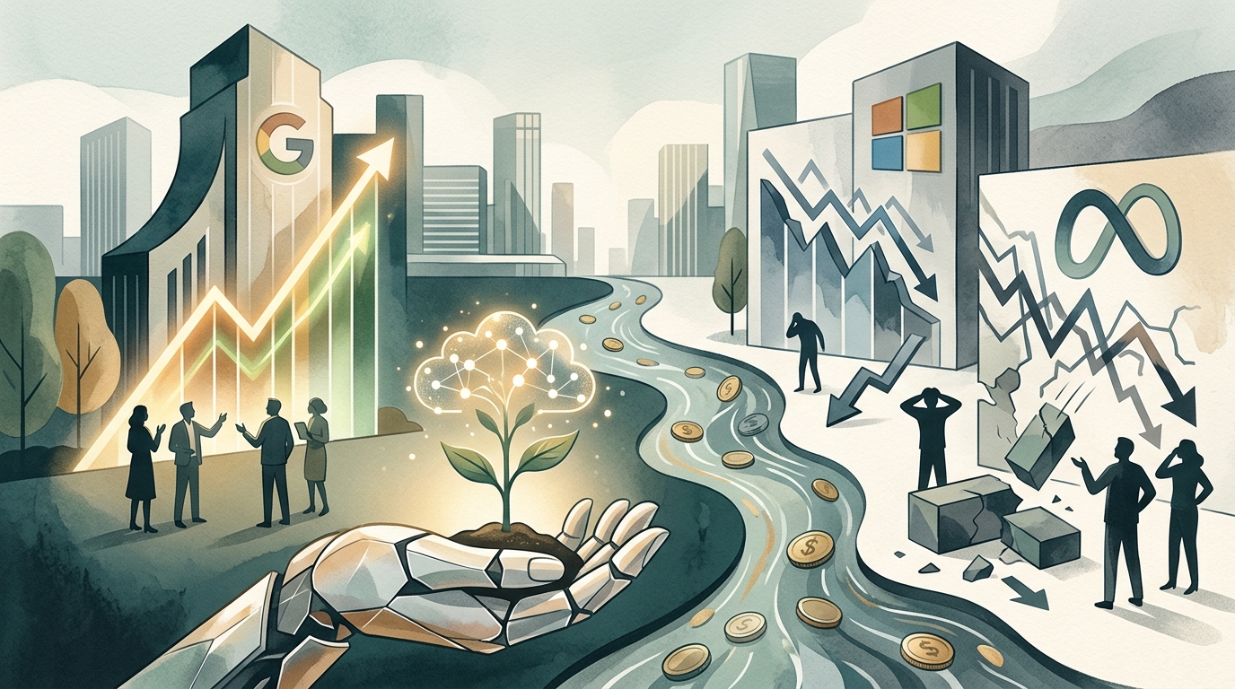 Financial chart showing AI investment trends for Google, Microsoft, and Meta.