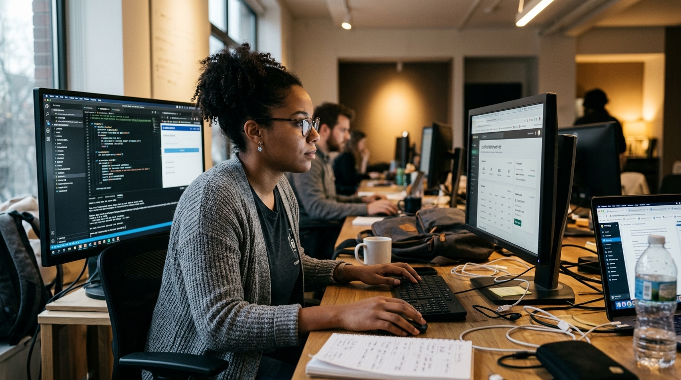 Small business owners using AI tools at B.I.D. Academy.