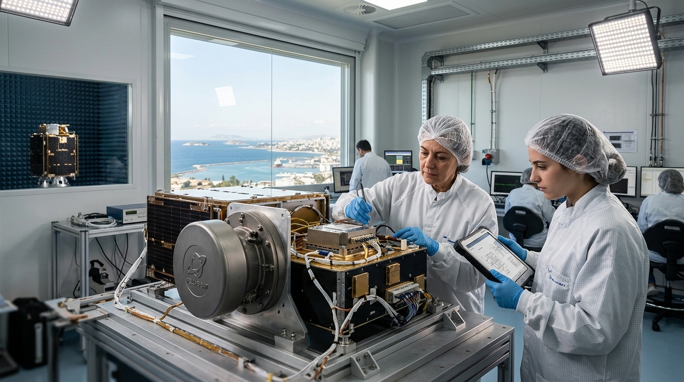 Modern microsatellite in a high-tech manufacturing facility in Greece.