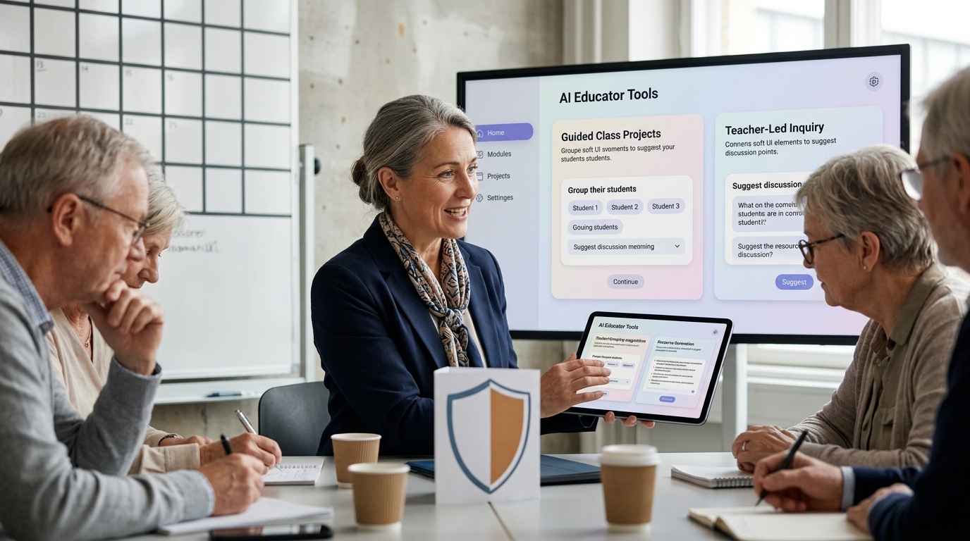 A teacher using Google Gemini AI tools on a laptop to assist students in a modern classroom setting.