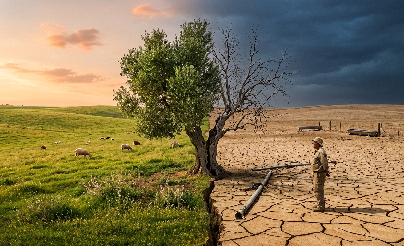 Digital visualization of global temperature rise and climate change impacts in 2025.
