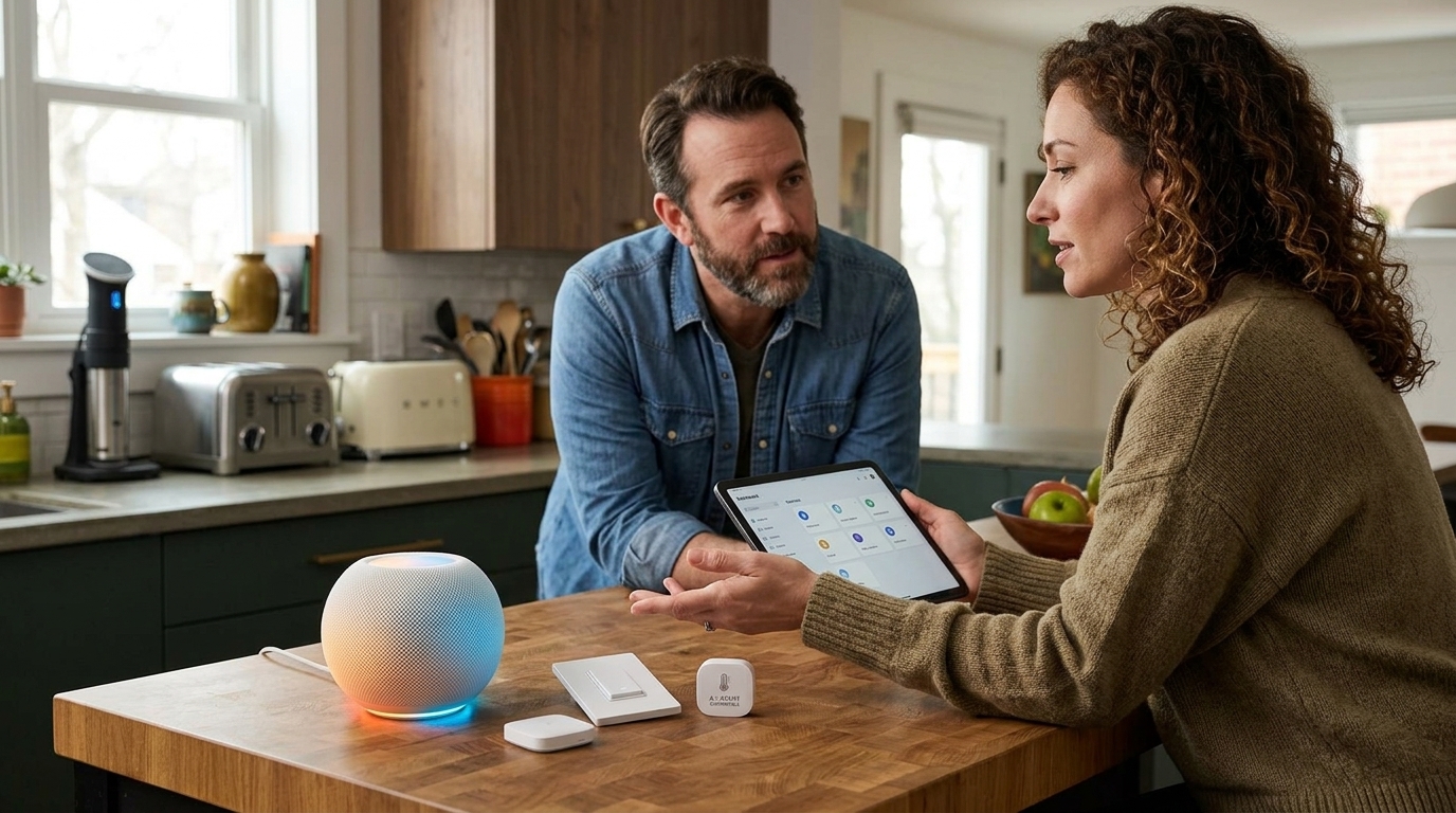Εικονίδιο Google Home και διεπαφή τεχνητής νοημοσύνης για έλεγχο έξυπνου σπιτιού.