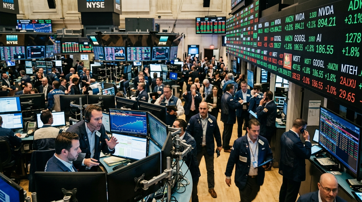 Wall Street stock market charts and AI technology symbols