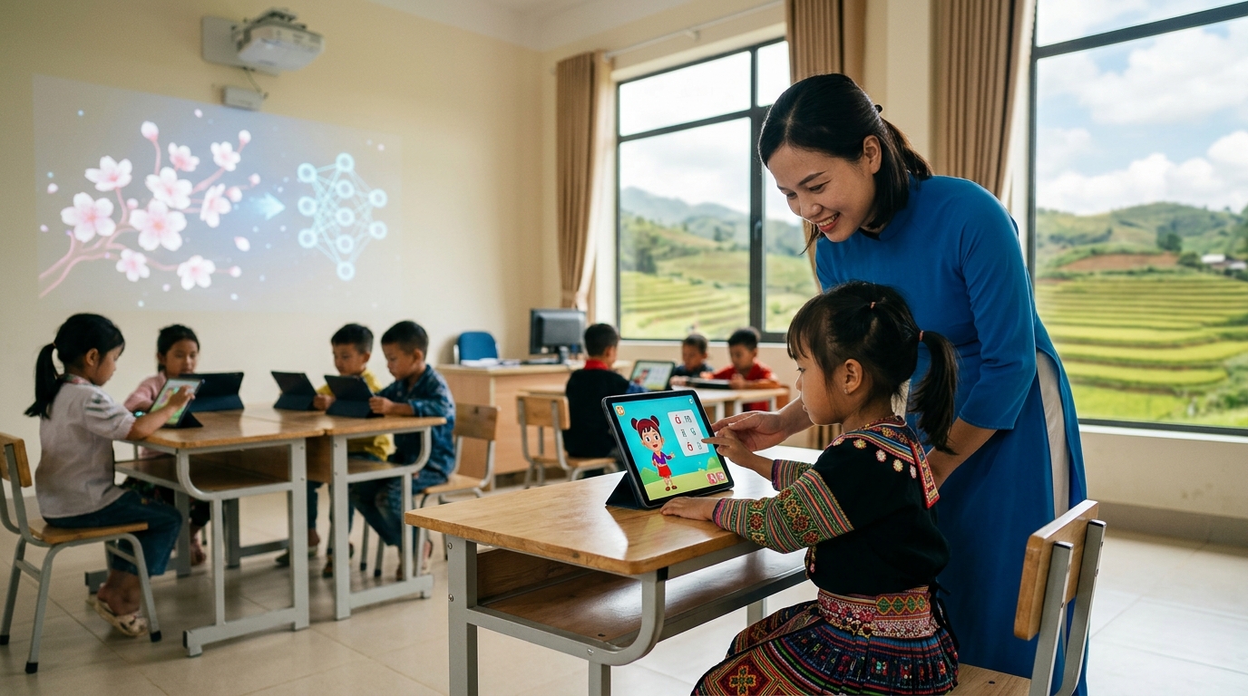 Preschool teacher in rural Vietnam using AI tools for classroom instruction.