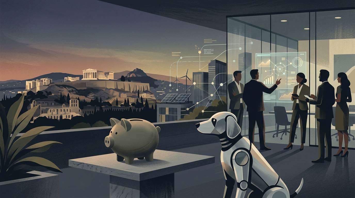 Robot dog and piggy bank representing Greece's AI roadmap and social progress for 2030.