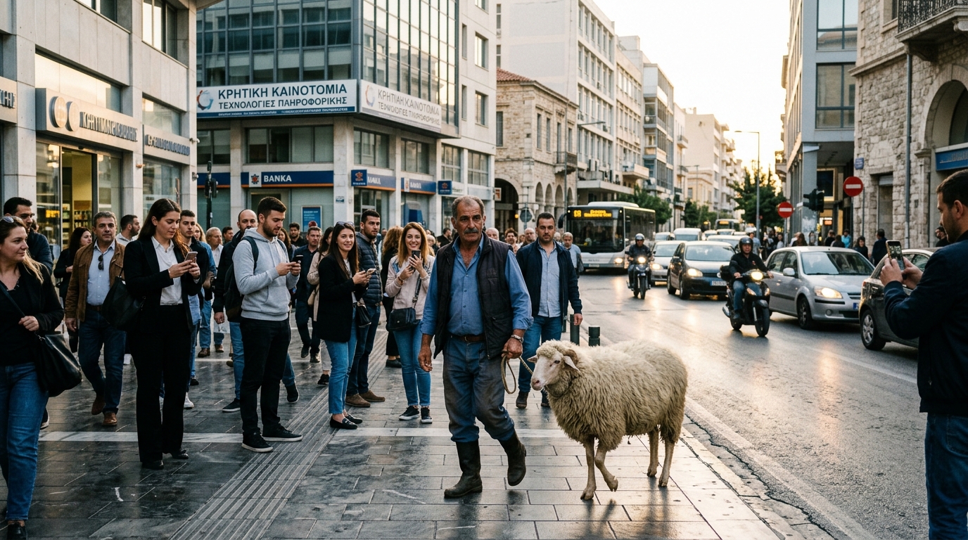 A sheep in Eleftherias Square, Heraklion, potentially generated by Artificial Intelligence.