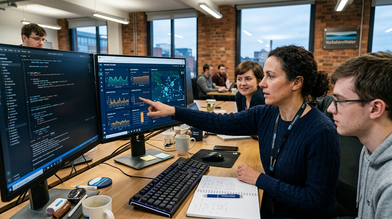 Digital dashboard showing AI-driven water infrastructure monitoring for Yorkshire Water.