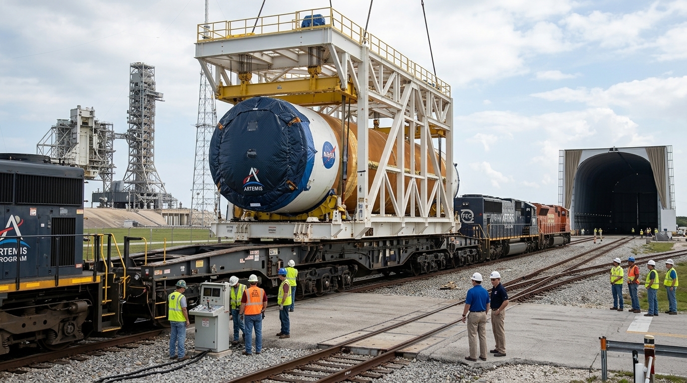 NASA SLS rocket segments for the Artemis III mission during rail transport.