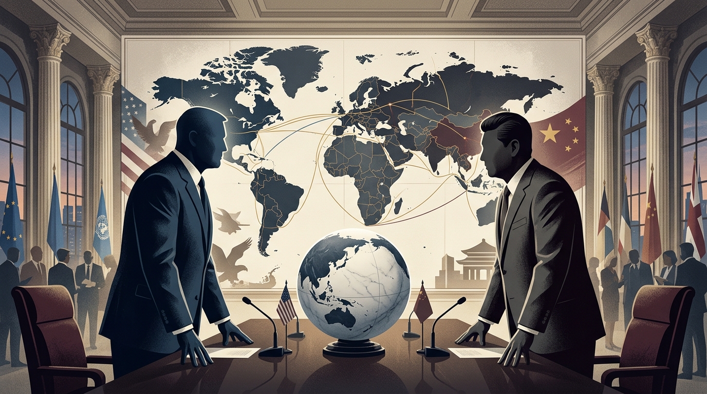 Conceptual illustration of the Thucydides Trap featuring US and China flags in a geopolitical standoff.