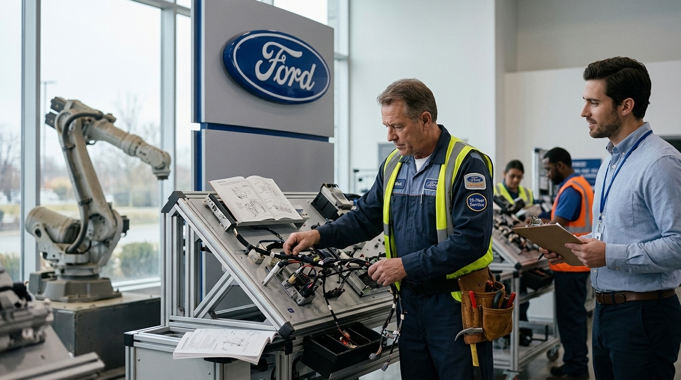 Experienced Ford engineer supervising AI systems in an automotive production factory.