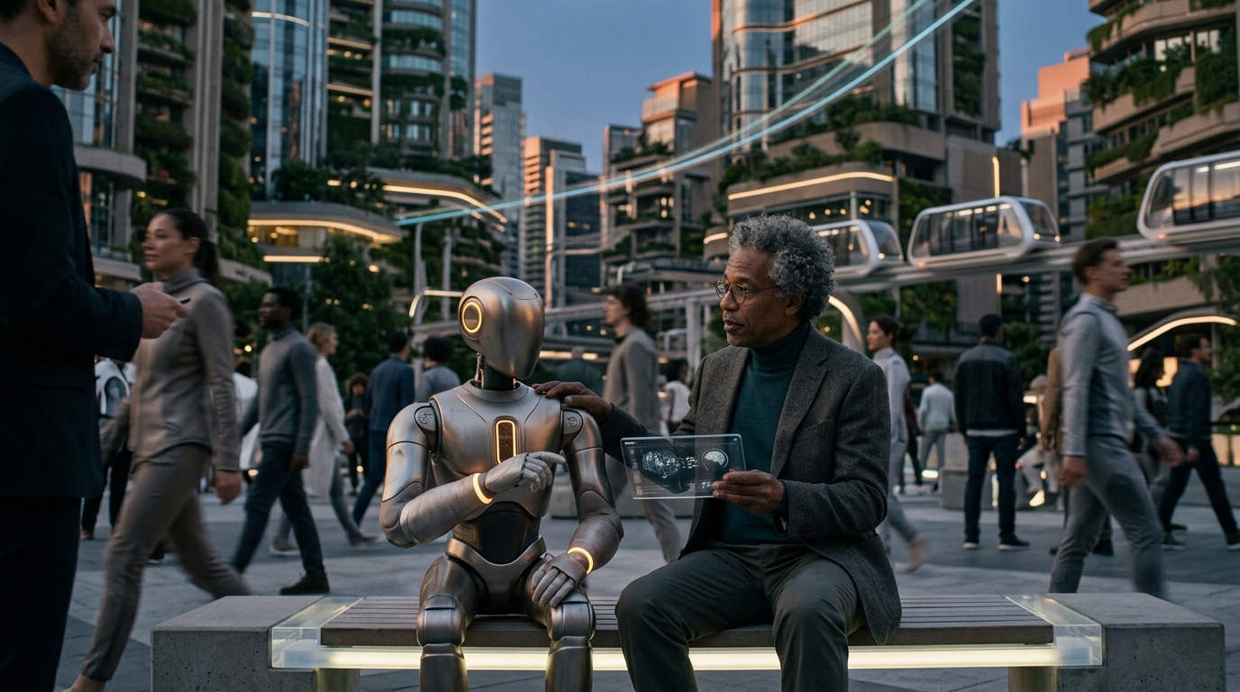Abstract representation of human identity and artificial intelligence in a post-labor era landscape.