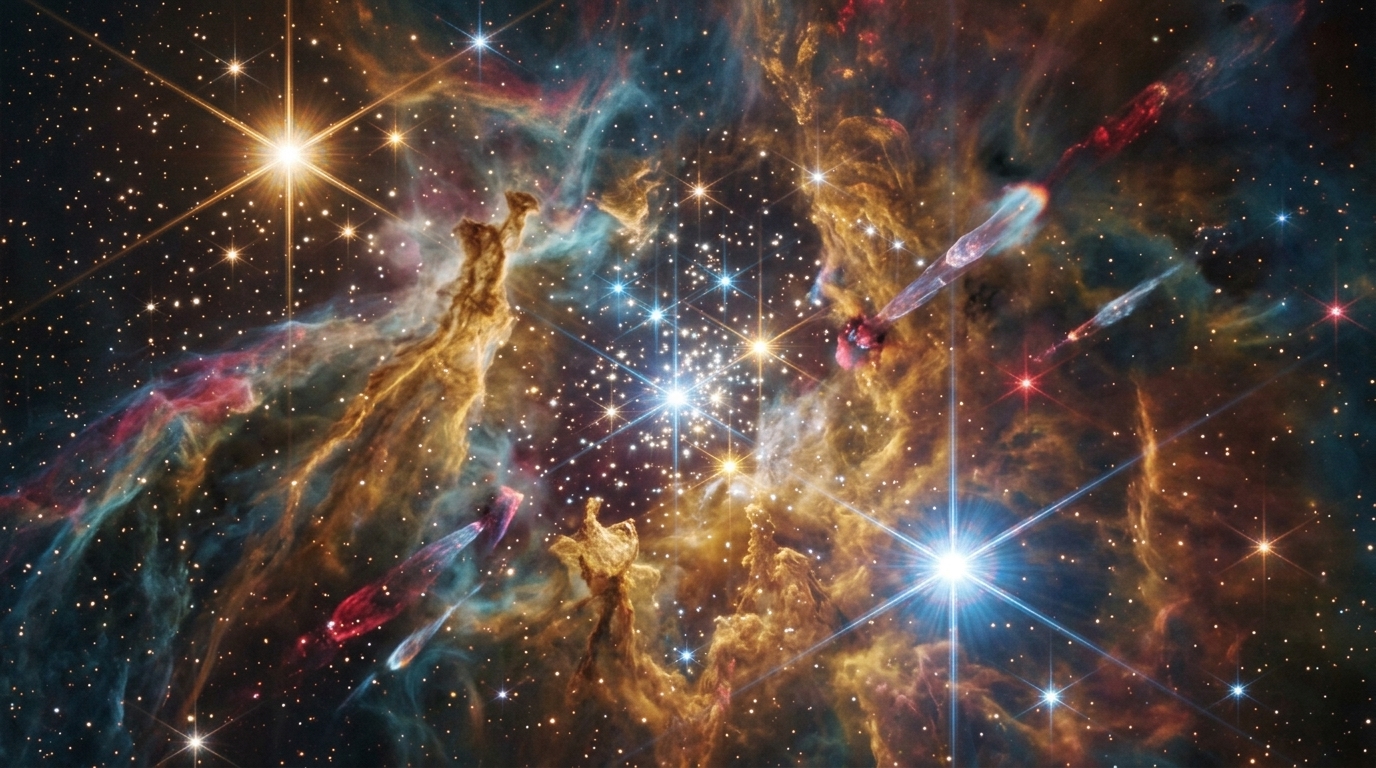 James Webb Telescope image showing star formation and explosive energy beams in deep space.
