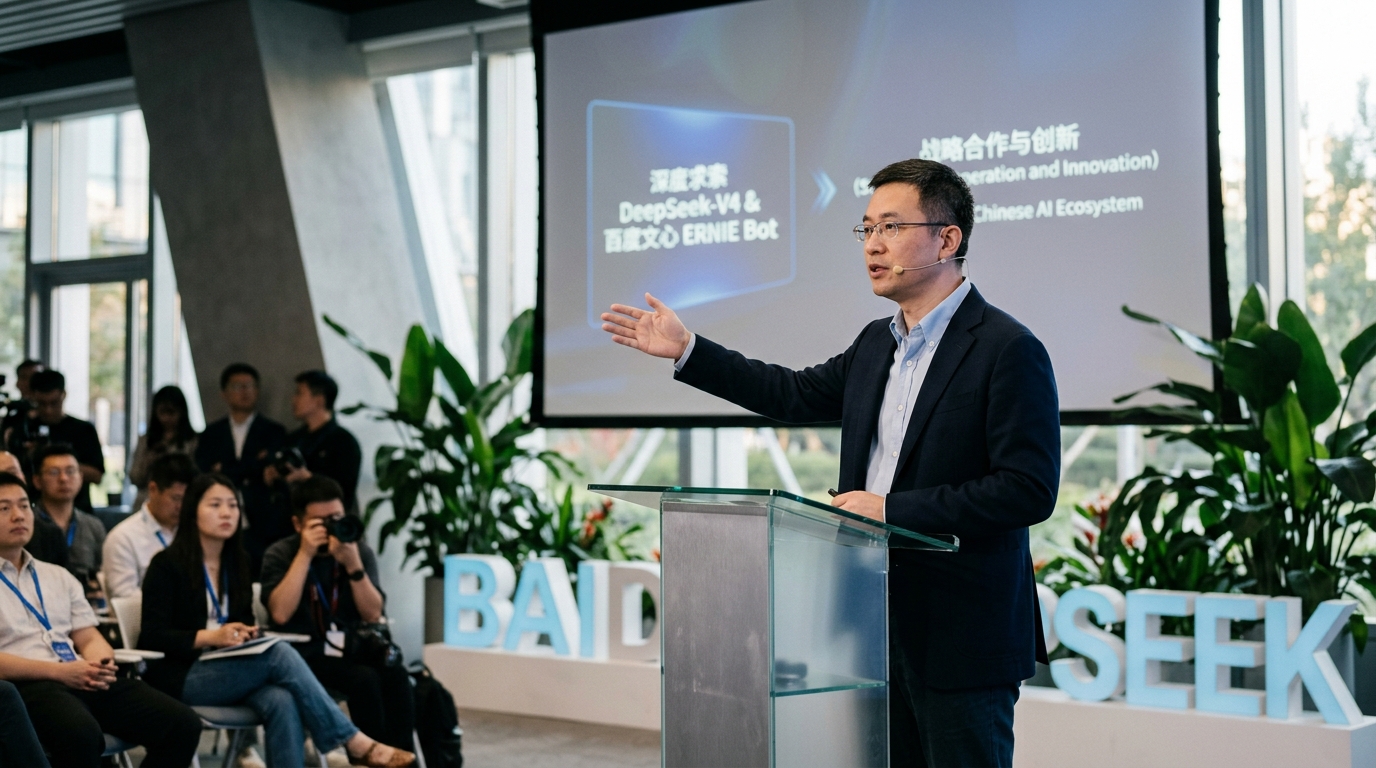 Baidu and DeepSeek-V4 logos on a digital artificial intelligence background.