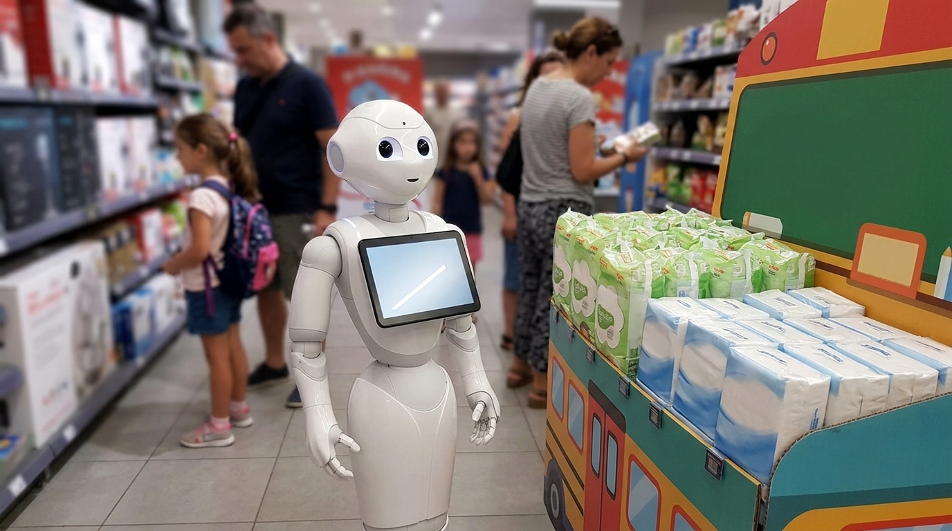 The social robot Pepper at a Masoutis supermarket in Thessaloniki for the MEGA campaign.