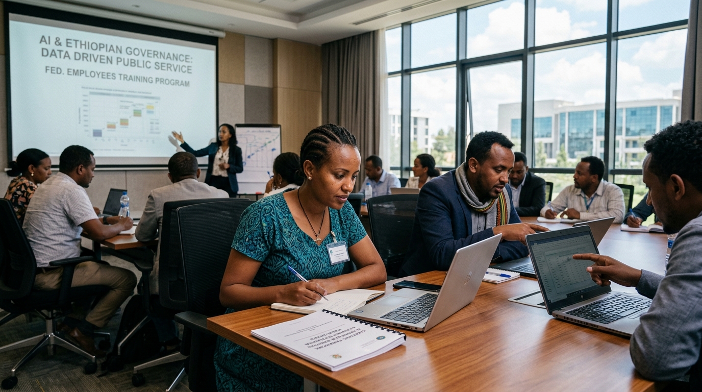 Federal employees in Ethiopia attending an AI training workshop for digital transformation.