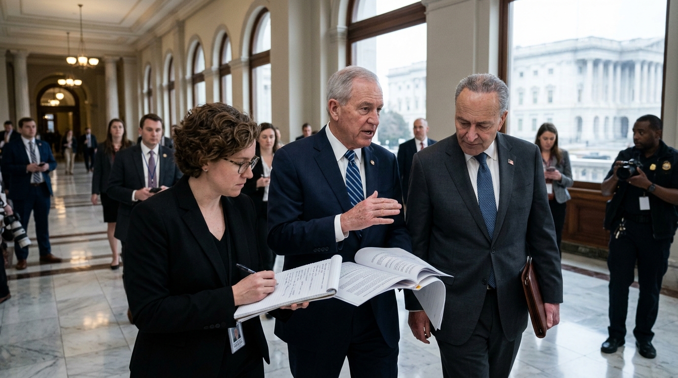 US Senate building with digital overlays representing AI defense technology and military systems.