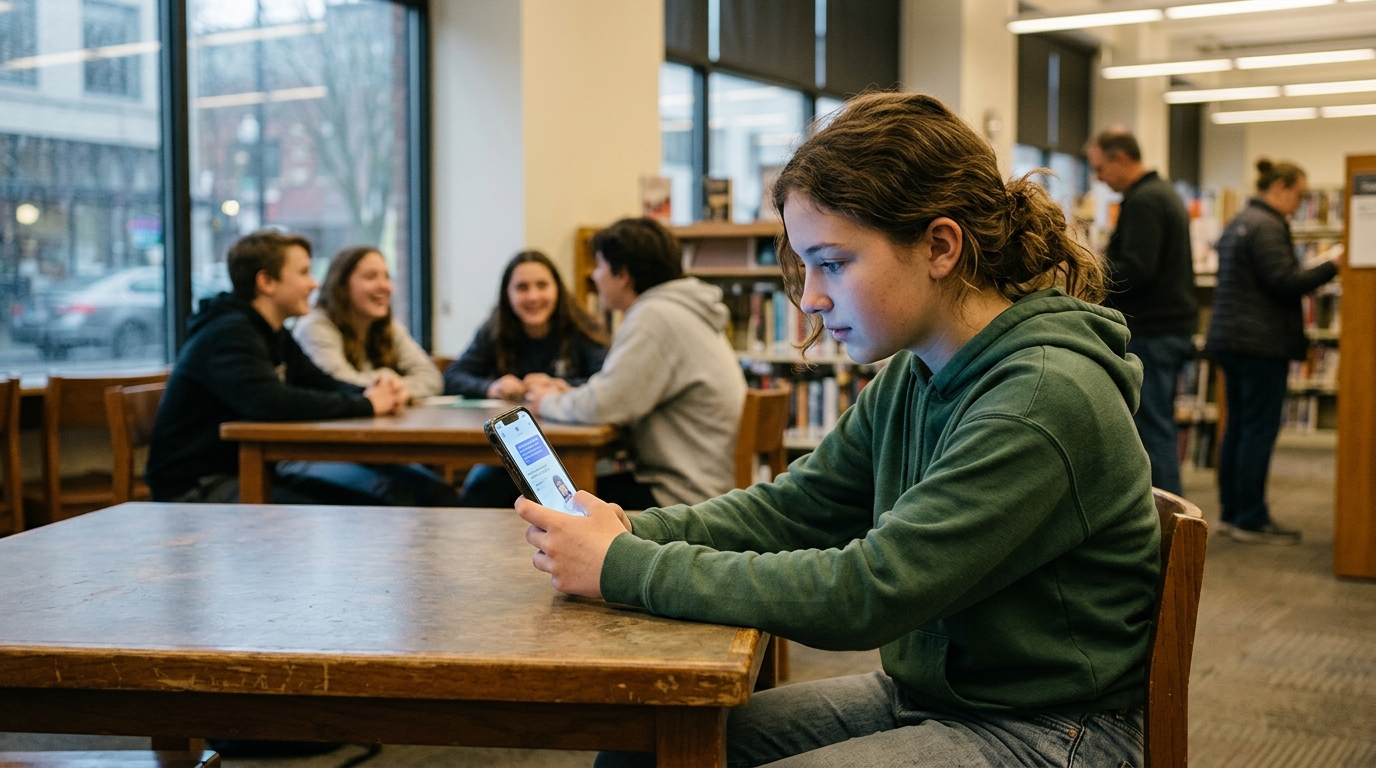 Teenager interacting with a digital AI companion on a smartphone.