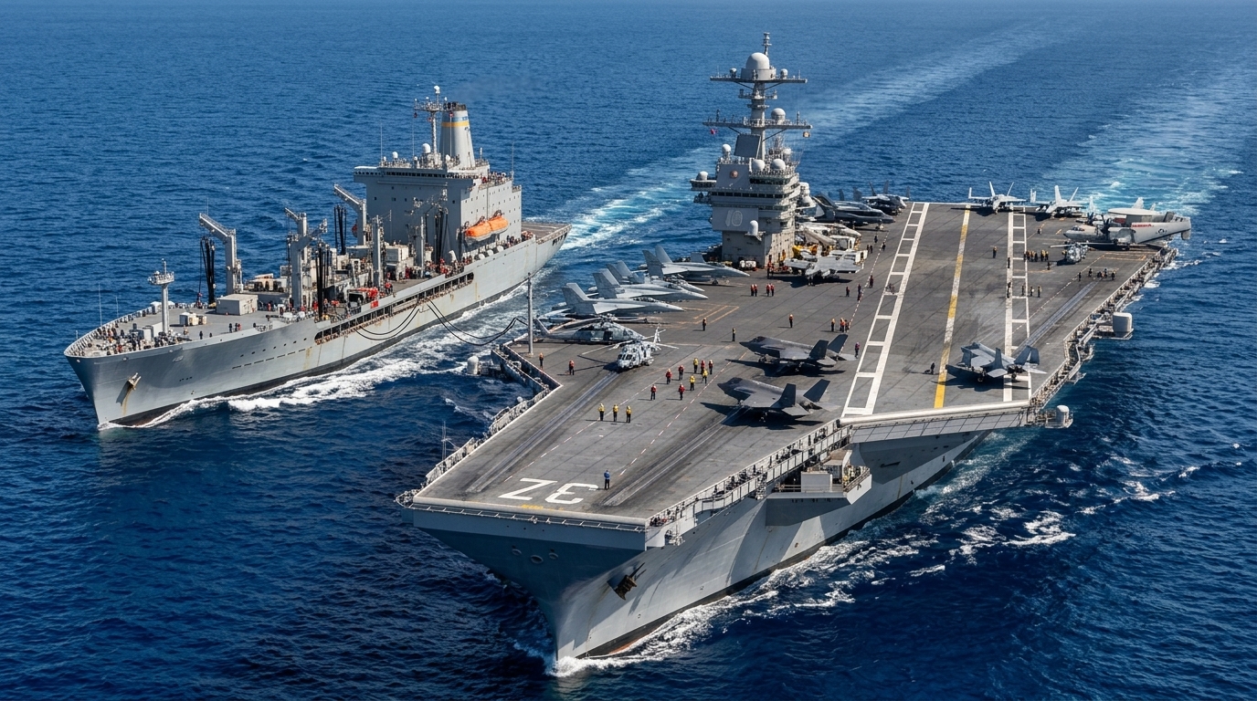 Το αεροπλανοφόρο USS Gerald R. Ford σε αποστολή στη θάλασσα, σύμβολο ναυτικής ισχύος.