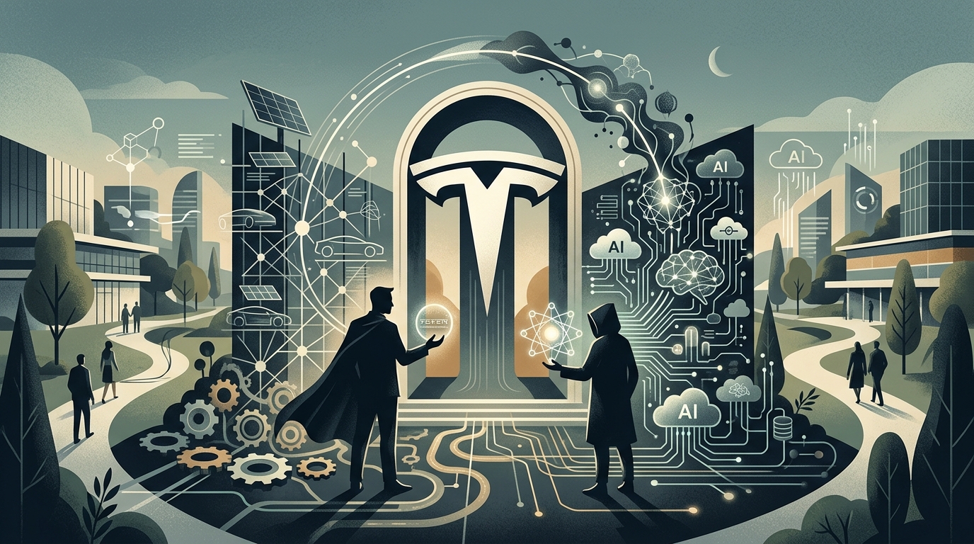 Το λογότυπο της Tesla σε φόντο με κυκλώματα τεχνητής νοημοσύνης.