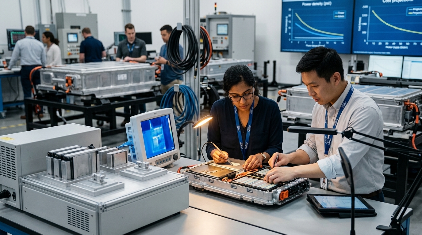 Ford engineers working on a prototype for an affordable electric vehicle in a high-tech lab.