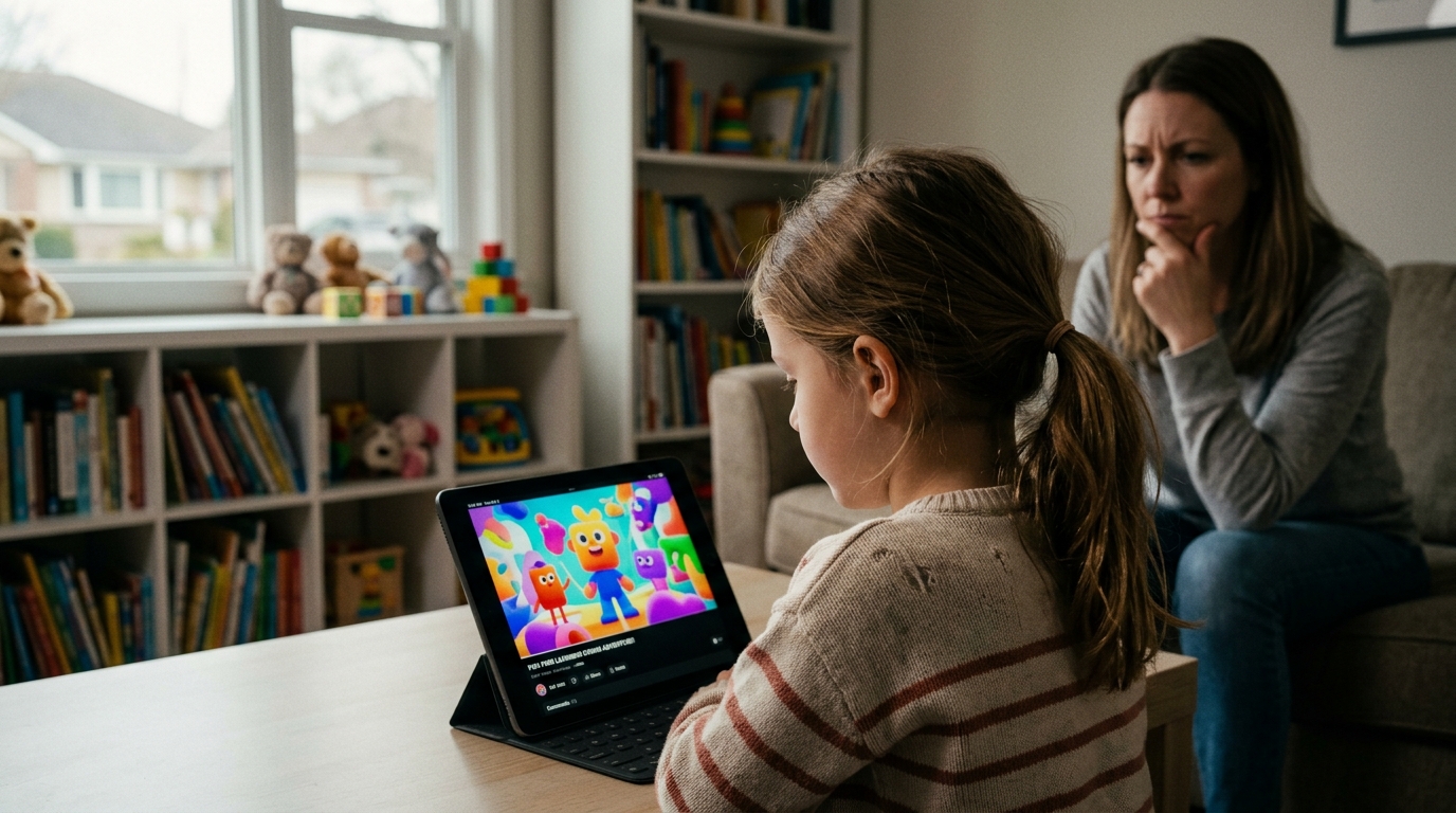 Child watching video on tablet with artificial intelligence graphics in the background.