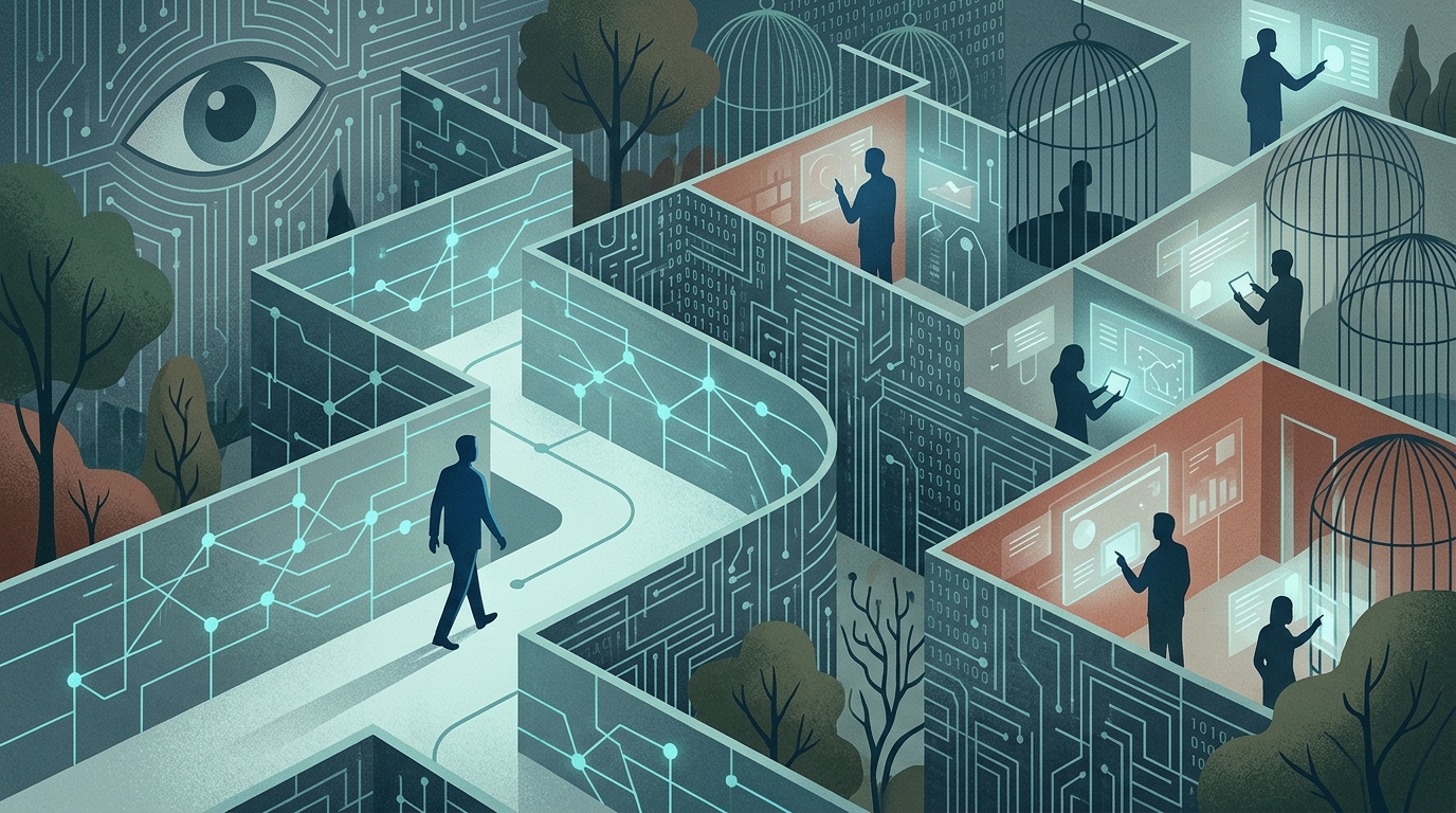 Illustration of a digital labyrinth representing AI ethics and the risks of technological dependency.