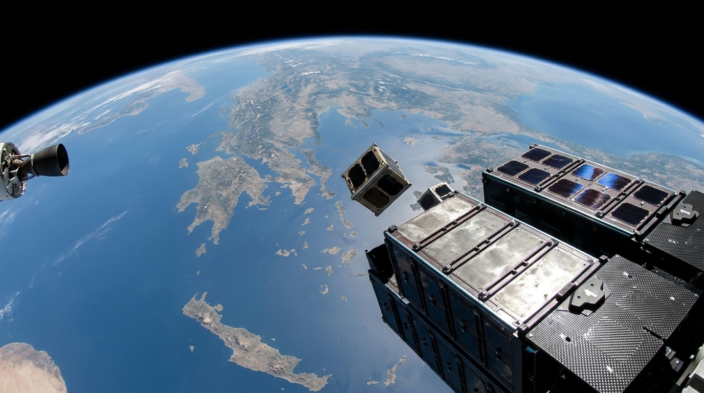 The Greek optical microsatellite Hyperion GR-1 orbiting the Earth.