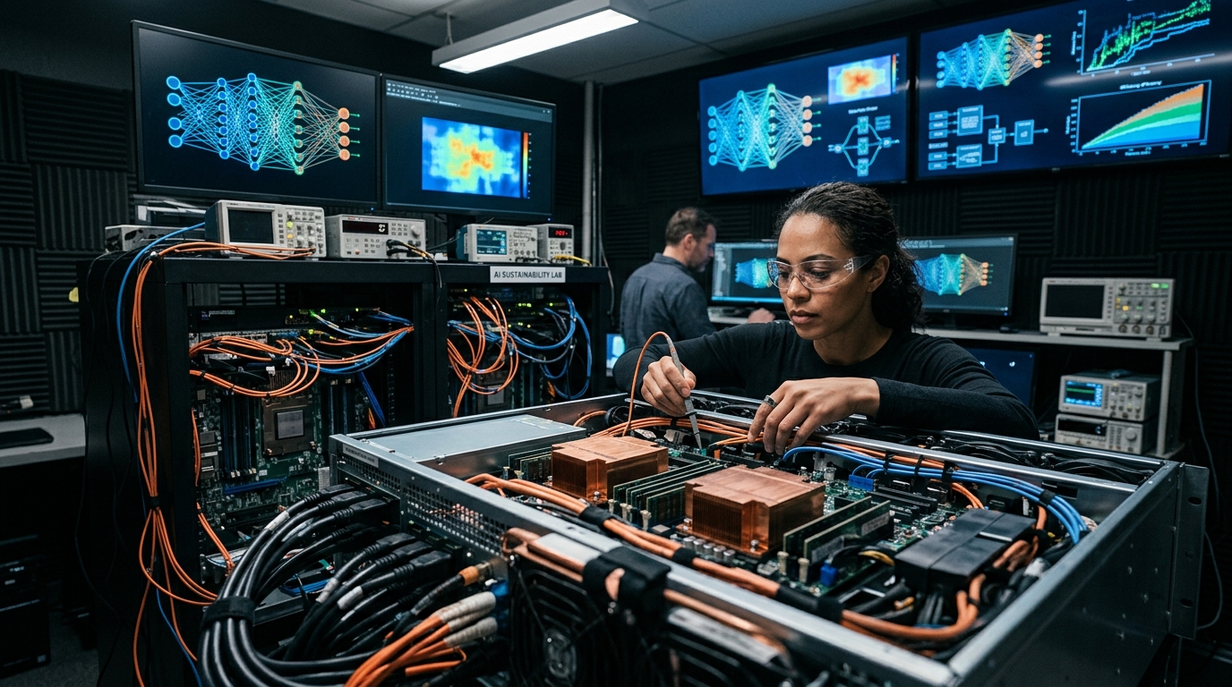 Data center servers representing the high energy cost of autonomous AI agents.