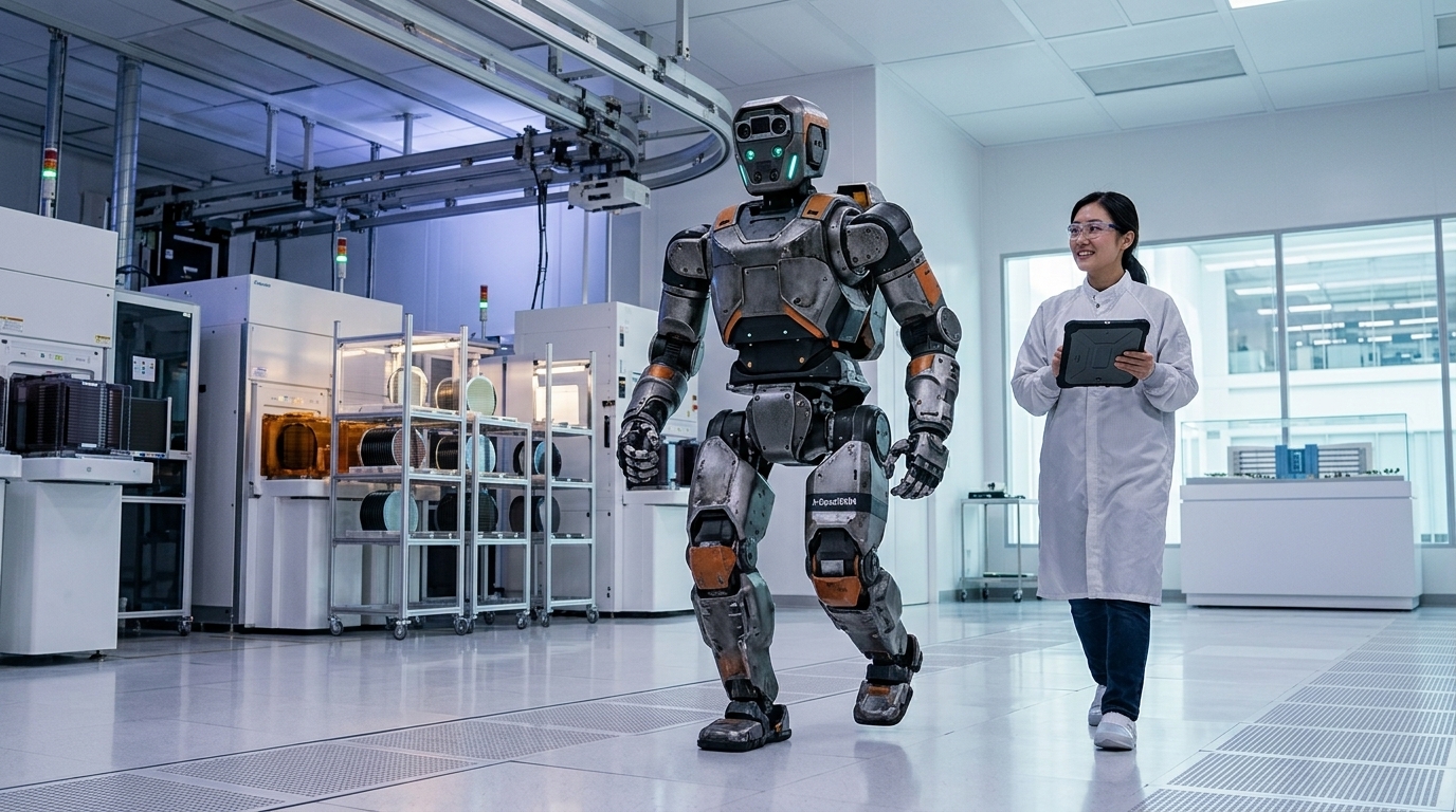 High-tech semiconductor manufacturing and humanoid robot in South Korea.