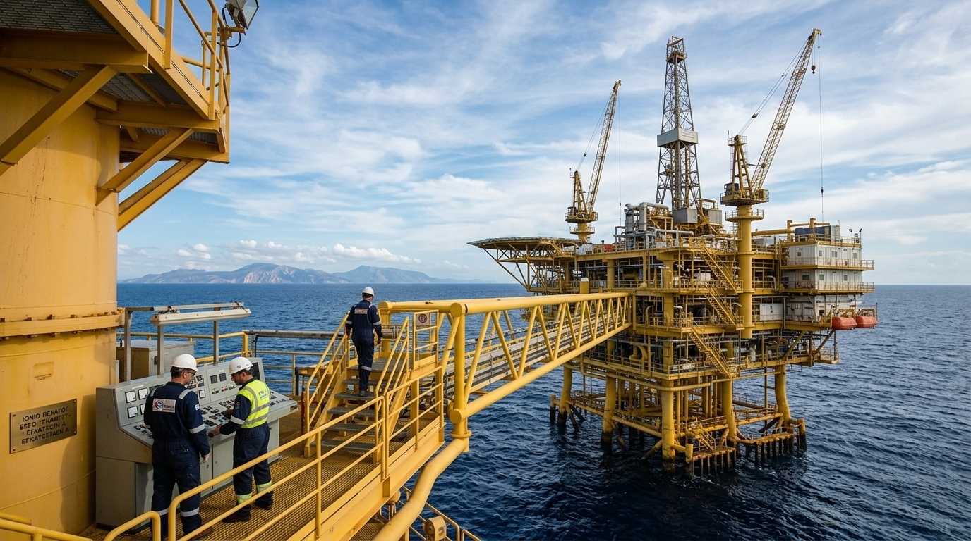 Offshore drilling rig exploring for hydrocarbons in the Ionian Sea