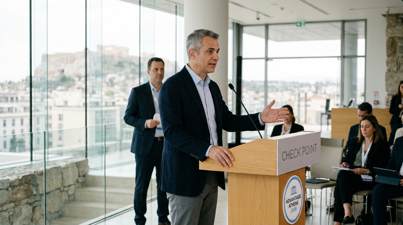 Scene from Check Point Advantage Athens 2026 conference discussing Secure AI and cybersecurity.