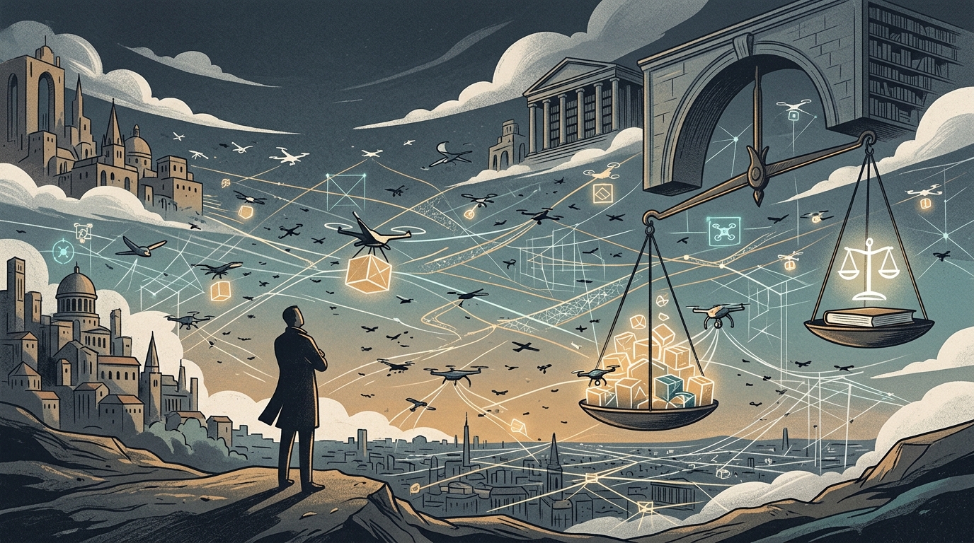 Drones in the sky representing technological progress and ethical concerns.