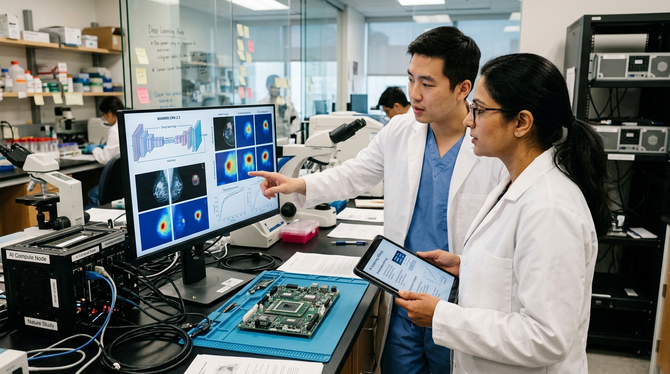 Digital mammography scan being analyzed by AI software for cancer detection.
