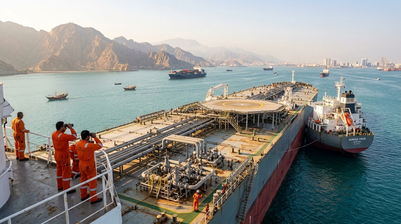 Oil tanker navigating the Strait of Hormuz safely following the new maritime agreement.