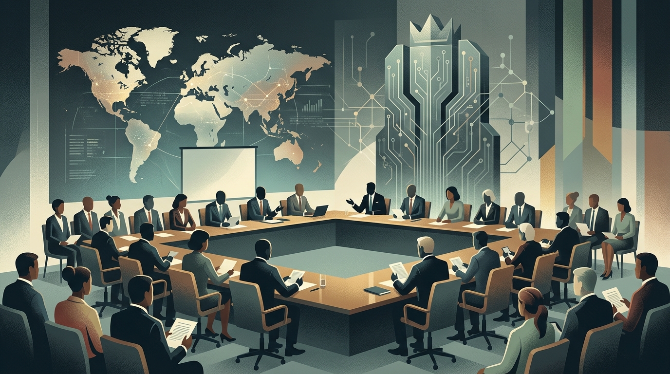 Digital representation of global security and AI governance amidst cyber warfare threats.