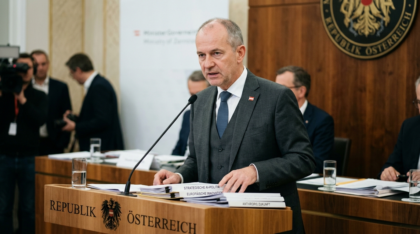 Anthropic logo next to Austrian and EU flags representing AI policy and geopolitics.