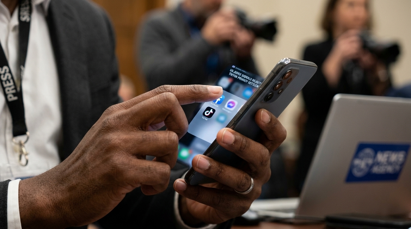 Το λογότυπο του TikTok μπροστά από ένα σφυρί δικαστηρίου για θέματα ιδιωτικότητας δεδομένων.