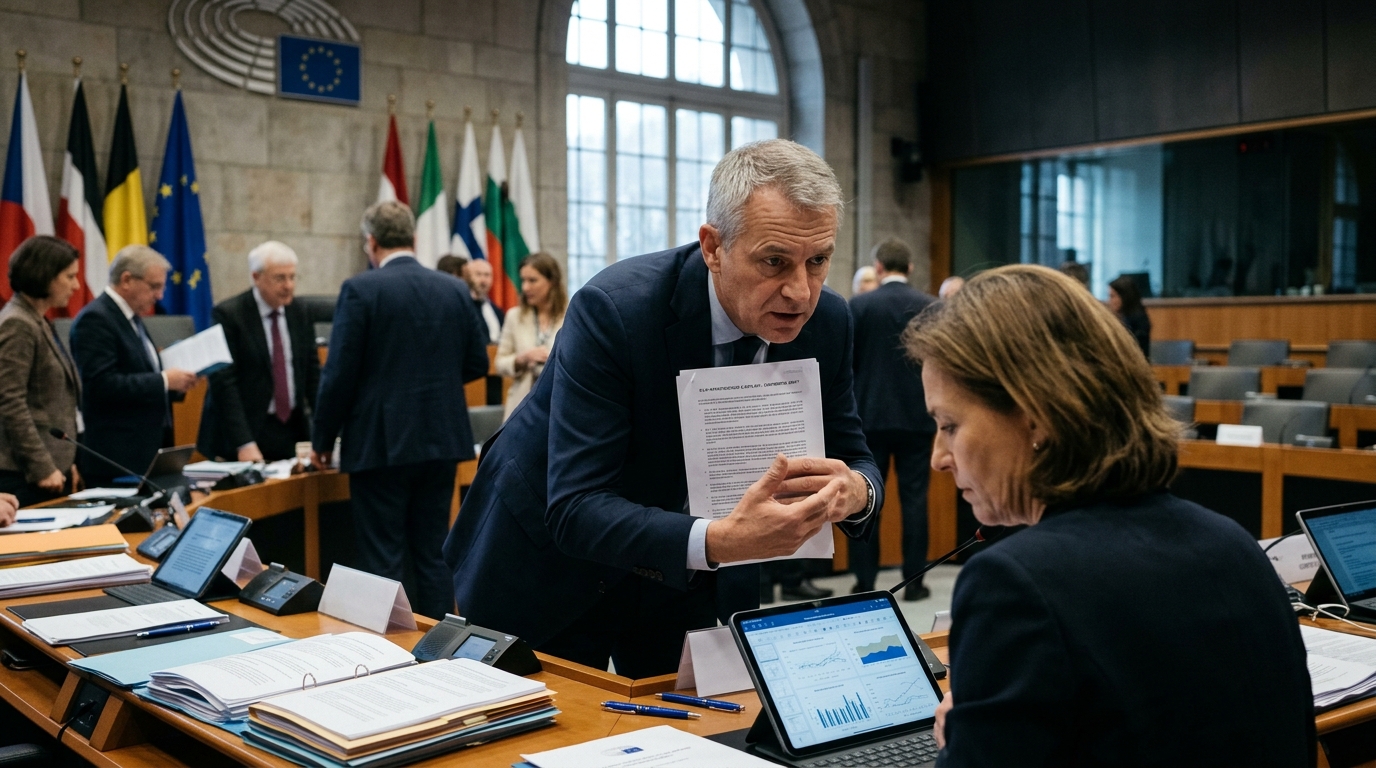 Συμβολική απεικόνιση της Ευρωπαϊκής Ένωσης και ψηφιακές υποδομές AI σε φόντο τεχνολογίας.